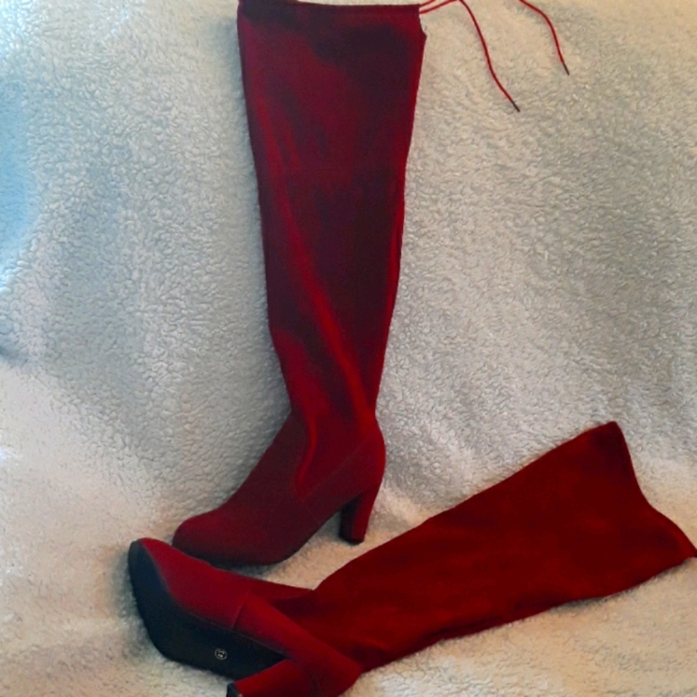 Burgundy knee high boots with tie in the back